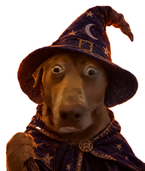 op wizard dog, wide-eyed in his star-covered hat and cloak