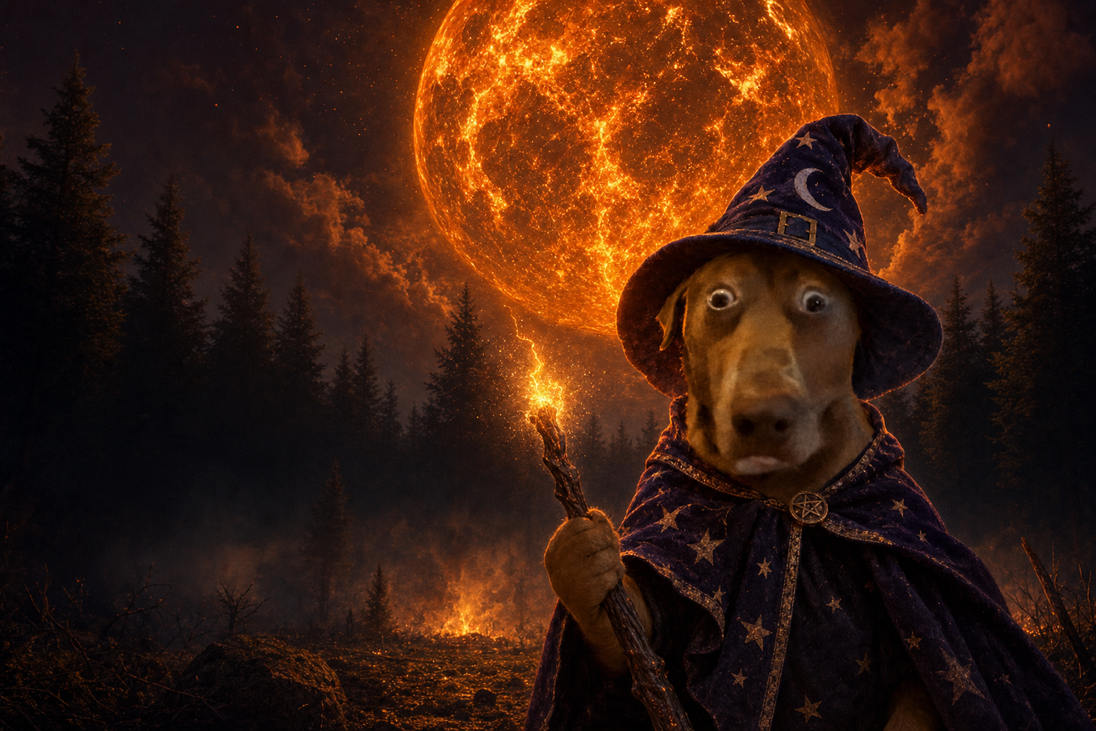 op wizard dog in a starry wizard hat and cloak, holding a glowing wand under a molten sky above a dark forest